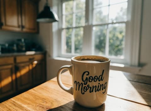«Good Morning» yozuvli krujka natyurmorti