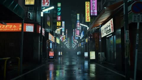Yomgʻirdagi neon Tokio koʻchasi