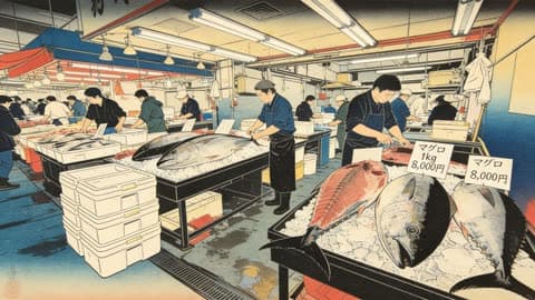 Ukiyo-e uslubidagi baliq bozori